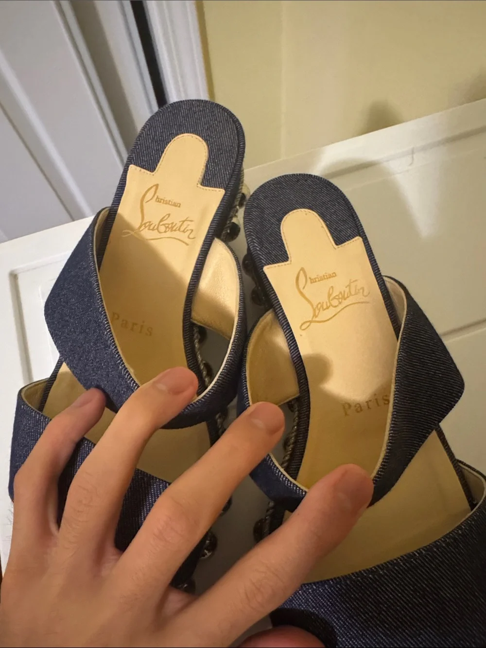 Christian Louboutin Denim Double-Strap Espadrille Sandals with Silver Studs